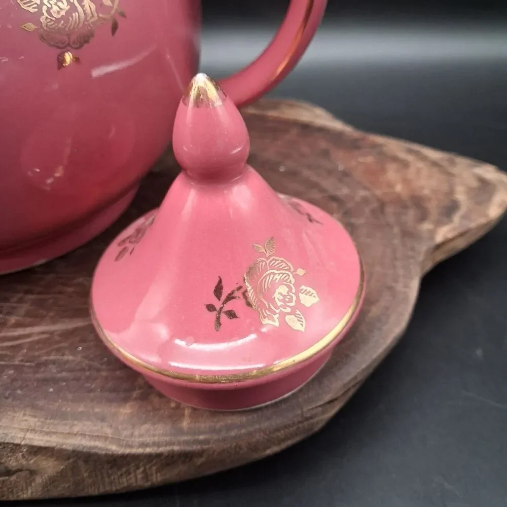 Vintage Hall China Windshield Teapot 6 Cup Orchid Pink Mauve Gold Roses 0691